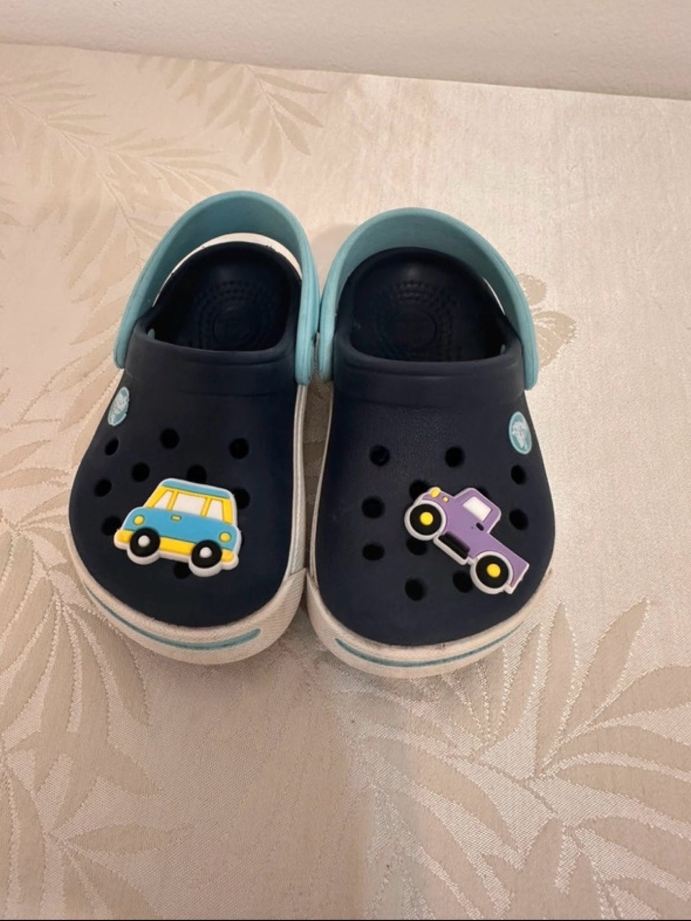 CROCS Navy Clogs with Light Blue Heel Straps and Car Charms
